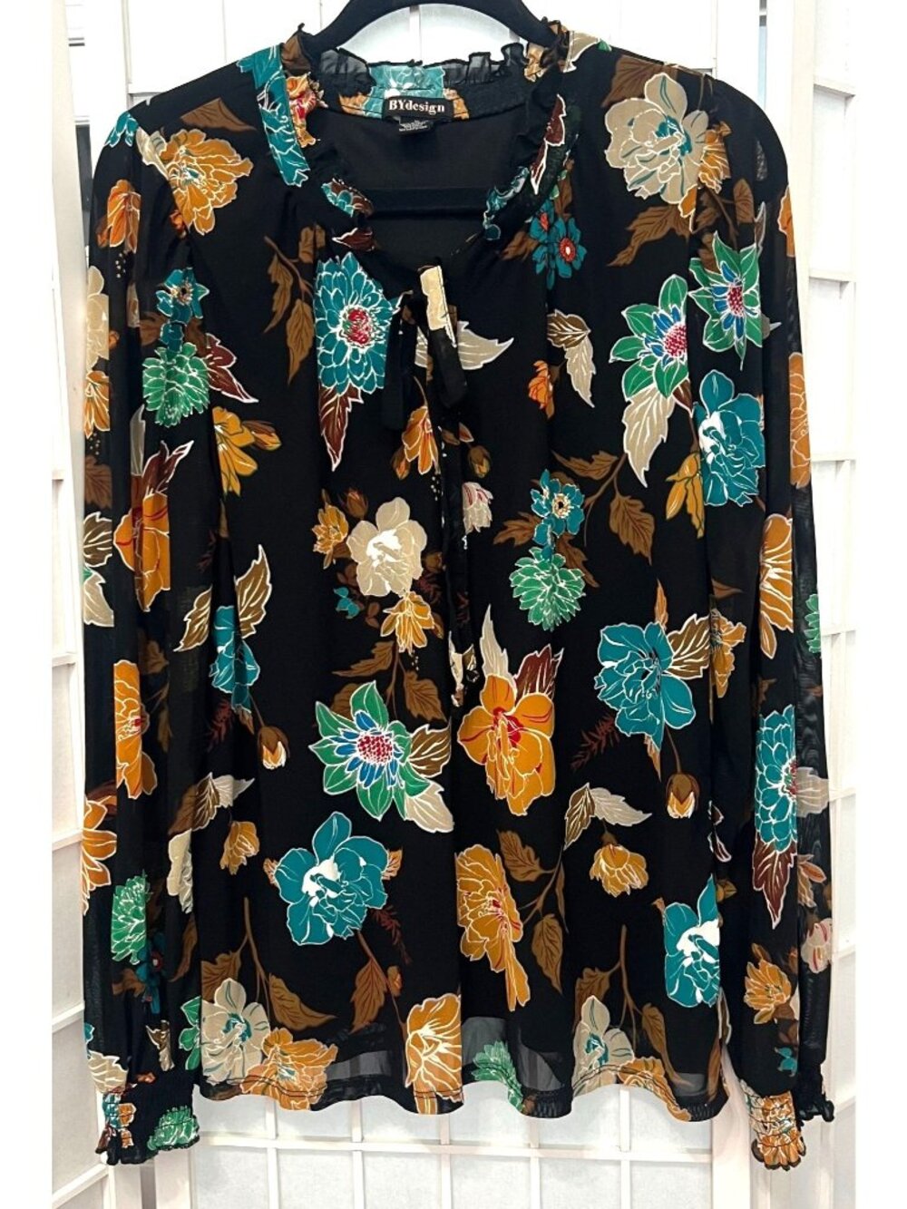 BYDesign Women's XL Colorful Floral Button Down Neck Tie Blouse Top Office